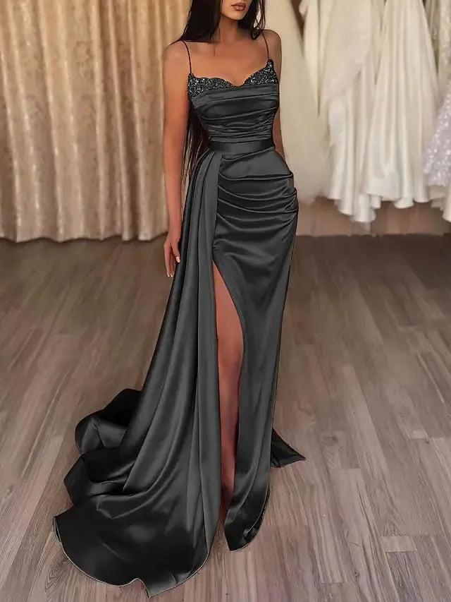 Evening Dresses Long Beaded Sequined Mermaid Spaghetti Straps Pleats High Slit Stretchy Satin Prom Gowns Formal Party Orange