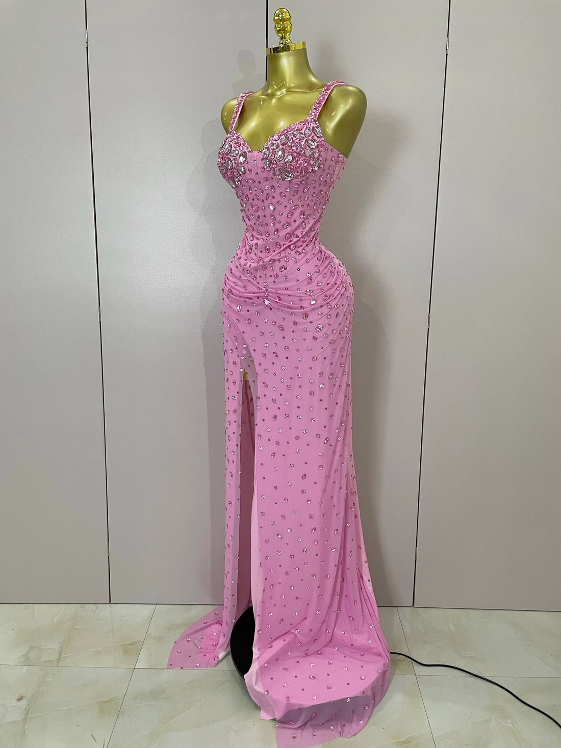 Luxury Pink Rhinestones Split Floor Length Dress Women Sexy Evening Celebrate Birthday Party Dress Photoshoot Stage Wear Pink
