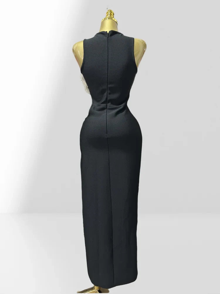 White Petal Edge Hollow Out Sleeveless Sheath Black Bandage Ankle Lengh Dress Woman Party Vestido Celebrity Cocktail Outfit