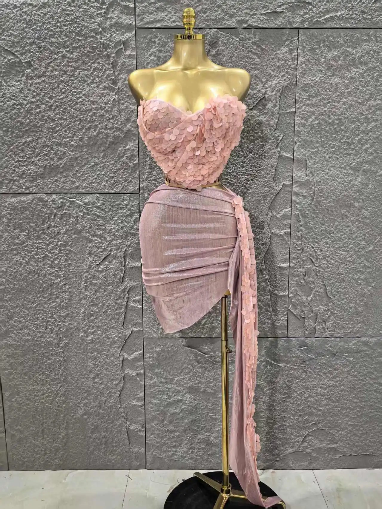 Women Sexy Shinning Sequins Strapless 2 Pieces Bodycon Mini Dress Nightclub Party Performance Costume Birthday Outfit