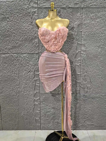 Women Sexy Shinning Sequins Strapless 2 Pieces Bodycon Mini Dress Nightclub Party Performance Costume Birthday Outfit