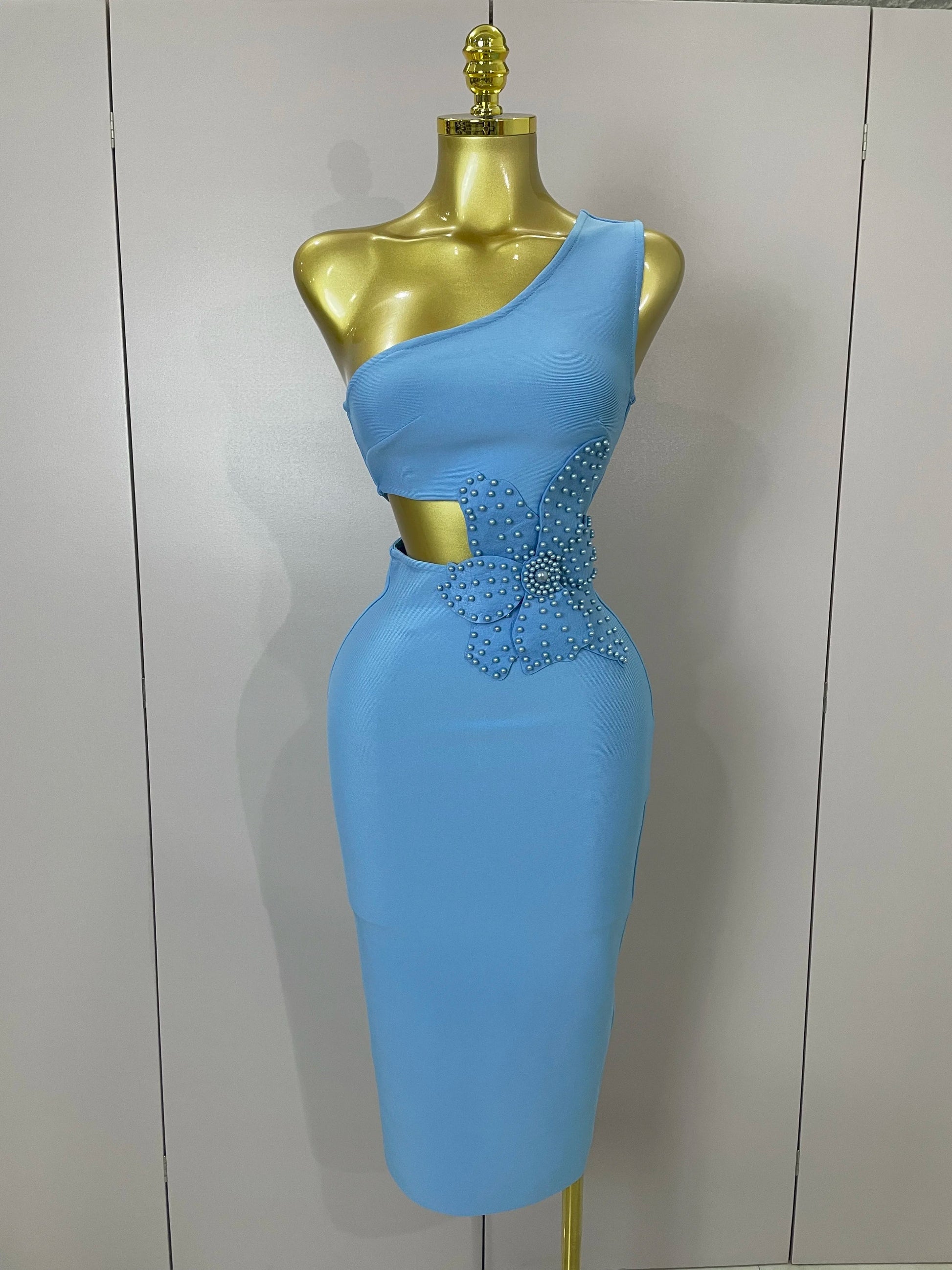 Luxury Sexy One Shoulder Pearl Sky Blue Bodycon Bandage Dress Women Celebrity Elegant Evening Club Birthday Party Outfit SKY BLUE