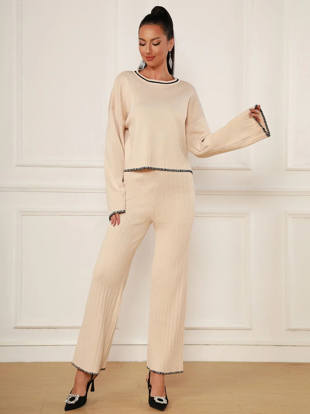 Spring Casual Women's Knitted Pants Set O-neck Long Sleeve Hoodie Loose Knitted Shirt+Straight Pants Two Piece Set