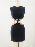 Sexy Women's Waist Set with Diamond Chain Design Bandage Dress O-Neck Sleeveless Bodycon Bareback Mini Dress Party Vestidos black