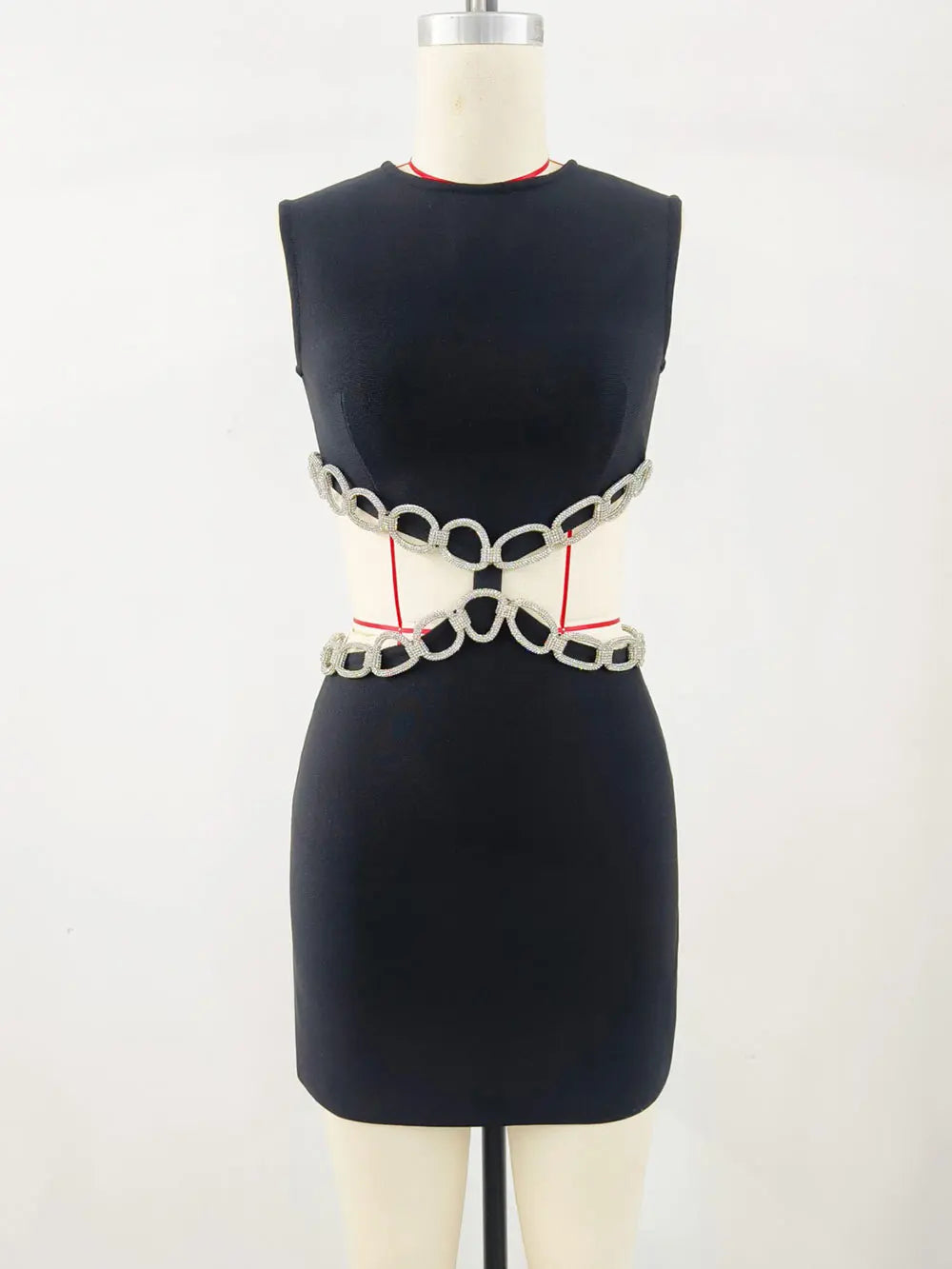 Sexy Women's Waist Set with Diamond Chain Design Bandage Dress O-Neck Sleeveless Bodycon Bareback Mini Dress Party Vestidos black