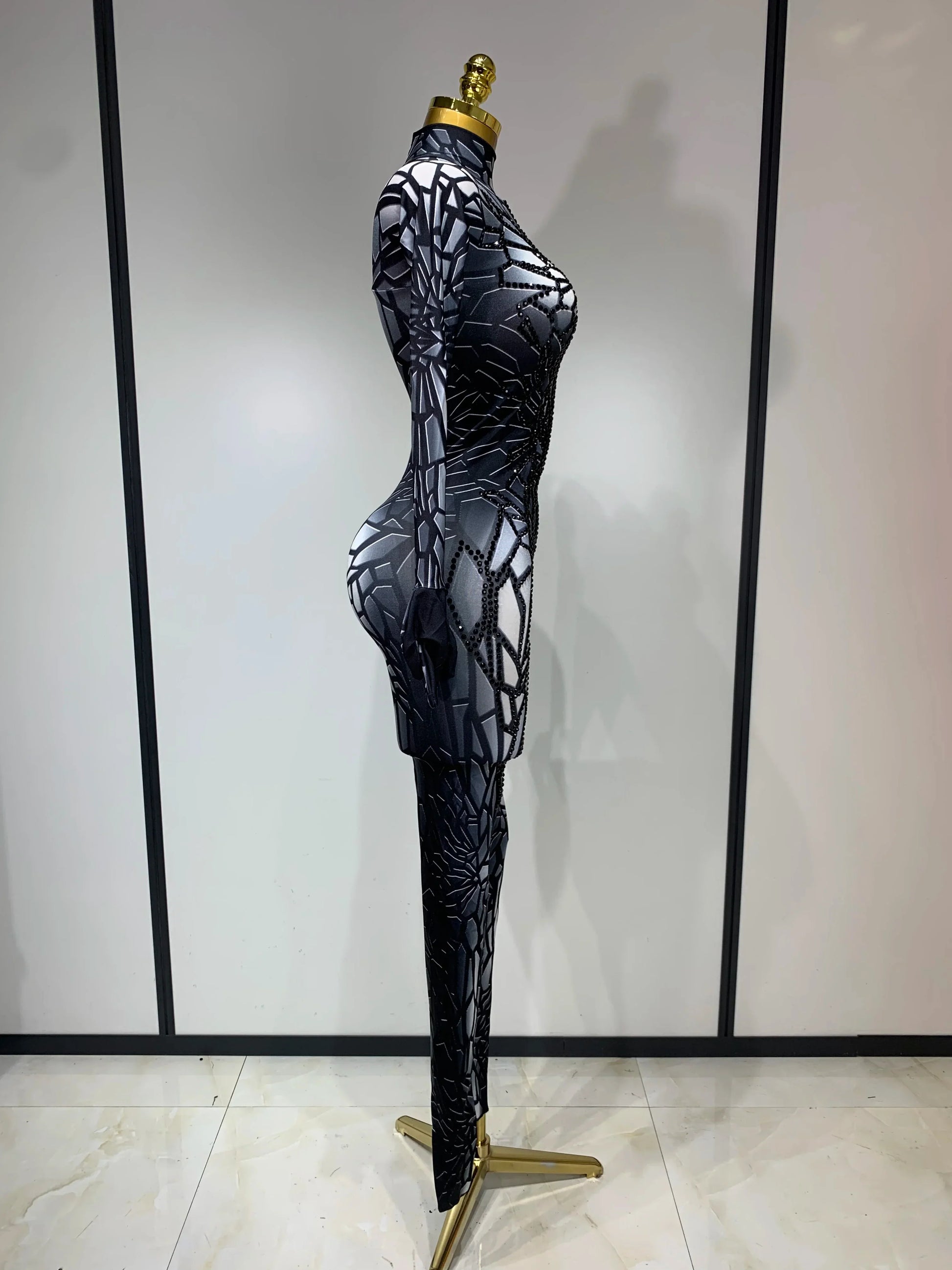 Women Sexy Black Rhinestone Stretch Bodycon Jumpsuit Club Evening Party Birthday Wear Singer Dancer Stage Perform Costume