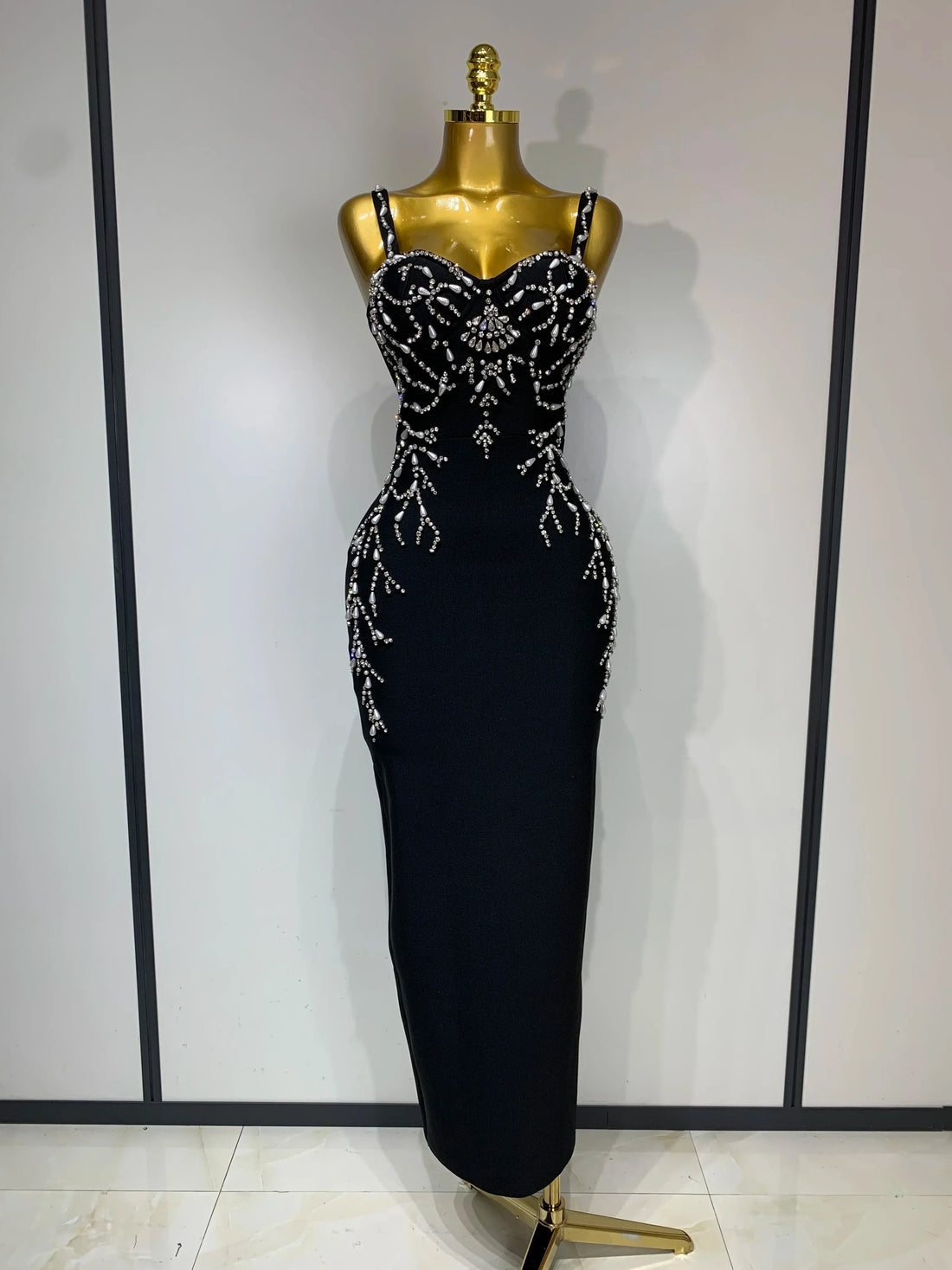 Women Sexy V Neck Black Beading Maxi Long Bodycon Bandage Dress Celebrity Elegant Evening Club Party Luxury Birthday Dress black
