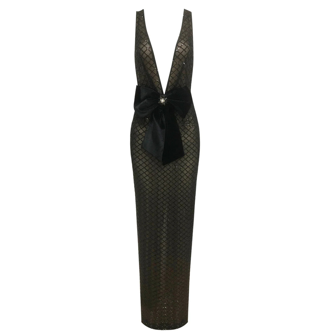 Black Bows Shining Sequin Sexy V-Neck Sleeveless Mesh See Through Long Dress Fashion Woman Evening Dress Celebrity Party Outfit