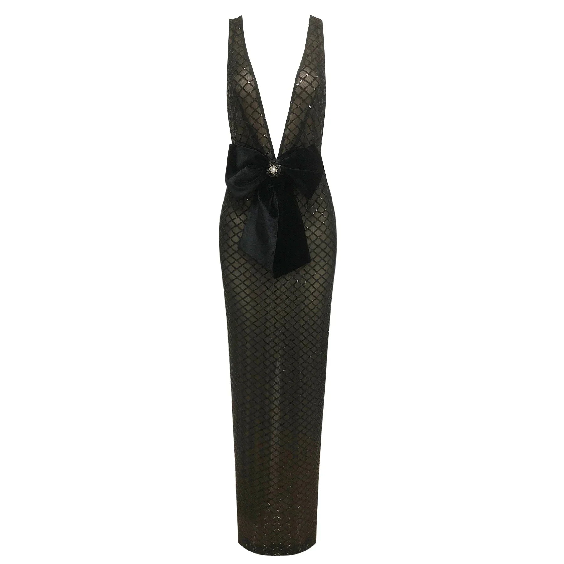 Black Bows Shining Sequin Sexy V-Neck Sleeveless Mesh See Through Long Dress Fashion Woman Evening Dress Celebrity Party Outfit
