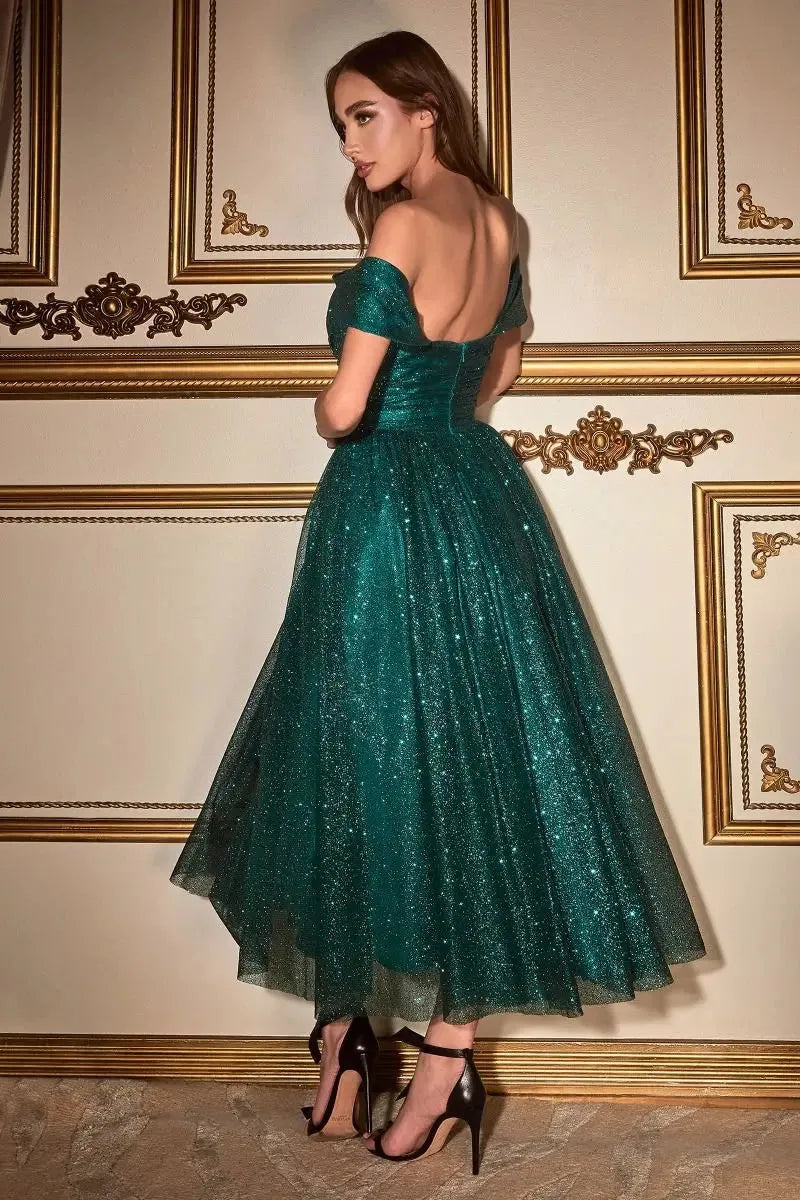 Sparkly Tulle Prom Dresses Glitters Bling Pleats Tea Length Off Shoulder Sweetheart A Line Formal Party Elegant Evening Gown Green