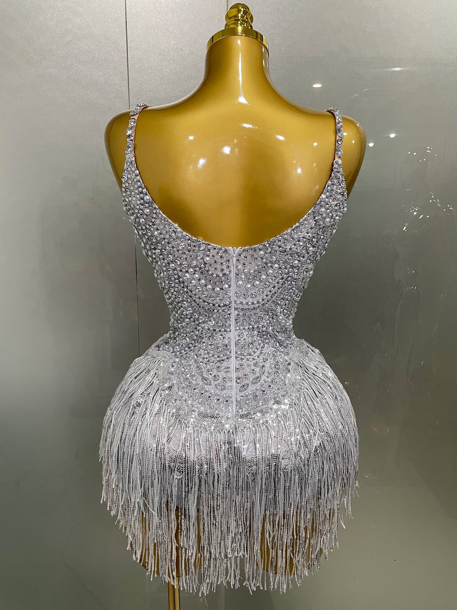 Sparkly Silver Rhinestones Pearl Tassels Bodysuit Women Sexy Eveing Birthday Party Nightclub Stage Performance Costume