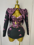 Women Sexy Pink Glitter Sequin Mirrors Short Skirt 3pcs Set Birthday Party Nightclub Queen Drag Stage Costume Pink