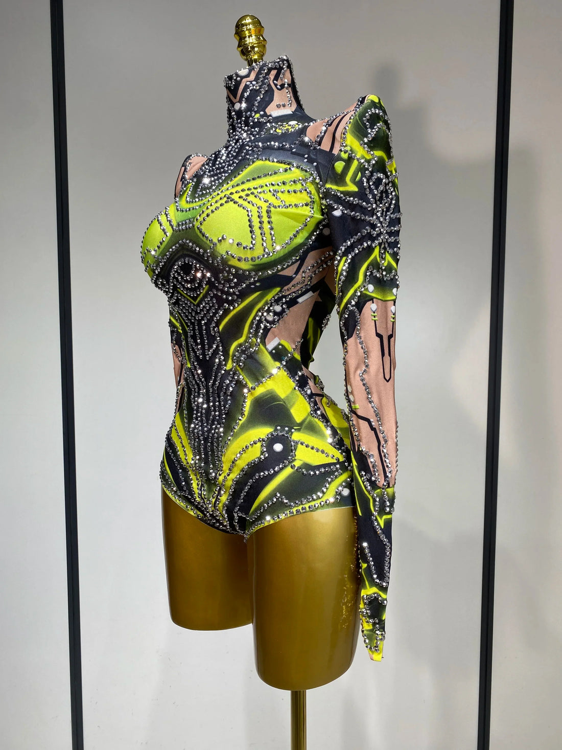 Women Sparkly Rhinstones High Street Bodysuit Performance Dance Singer Costume Nightclub Evening Party Birthday Stage Outfit Fluorescent Green