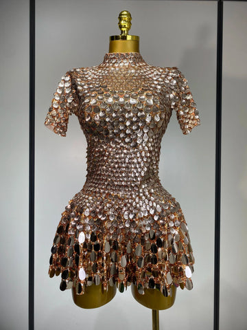 Sparkly Sequins Luxury Birthday Party Gown Short Dress Dancer Stage Performance Wear Women Sexy Nightclub Dress Festival Outfit Rose gold