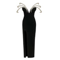Chic Off-Shoulder Black Maxi Dress with Pearl Cut out High Slit Design for Gala Party Glamorous Gown black