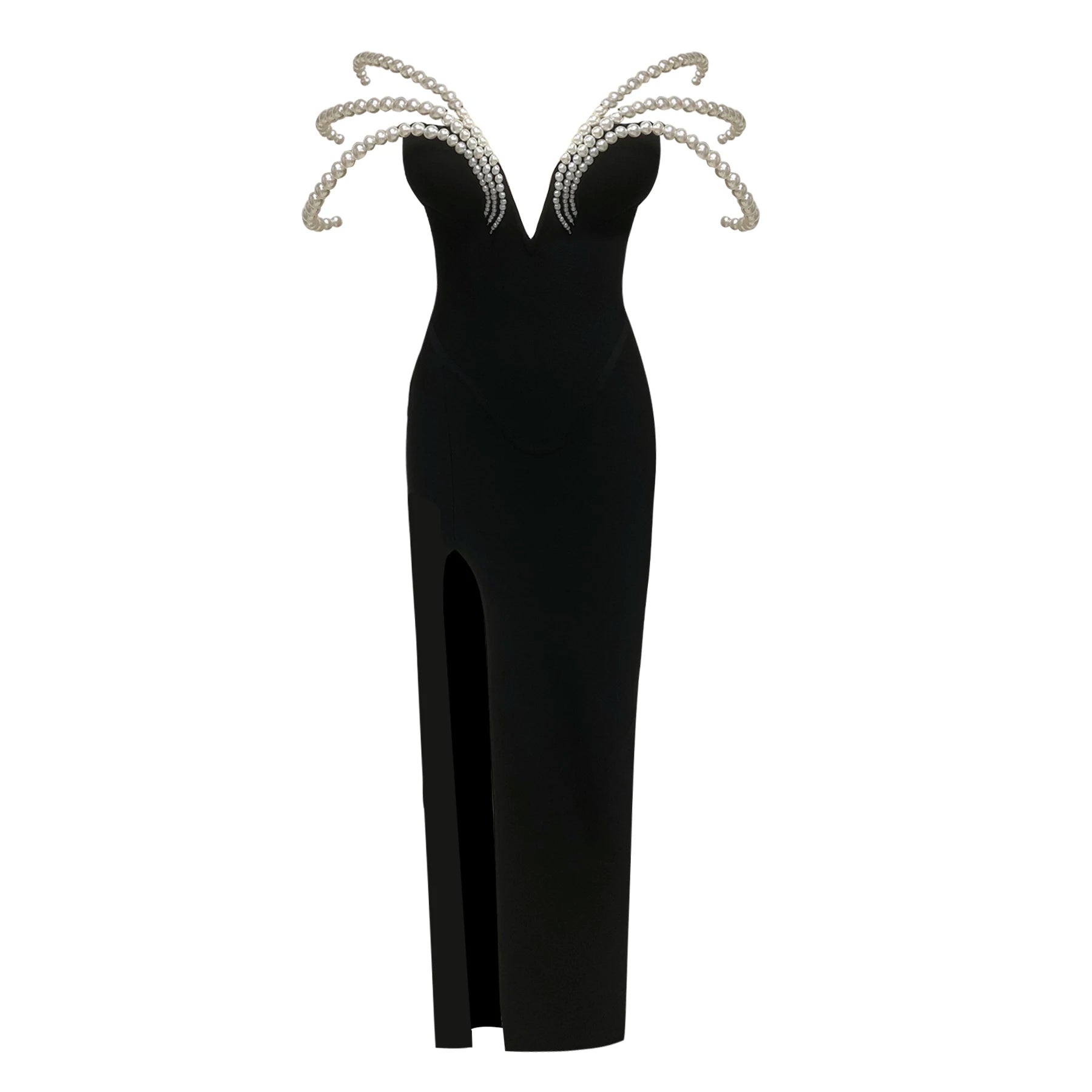 Chic Off-Shoulder Black Maxi Dress with Pearl Cut out High Slit Design for Gala Party Glamorous Gown black