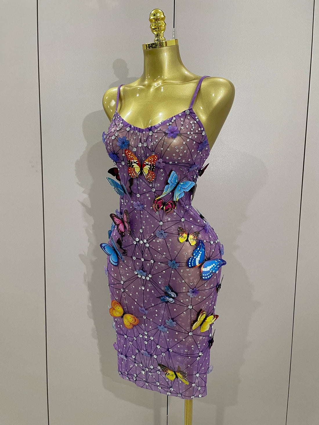 Women Celebrity Luxury Birthday Nightclub Stage Outfit Sparkly Butterfly Purple Sexy Mesh See Through Dress PURPLE
