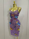 Women Celebrity Luxury Birthday Nightclub Stage Outfit Sparkly Butterfly Purple Sexy Mesh See Through Dress