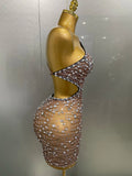 Sexy Shiny Diamond Hollow Out Backless Short Dress Women Evening Celebrate Prom Birthday Party Nightclub Stage Costume