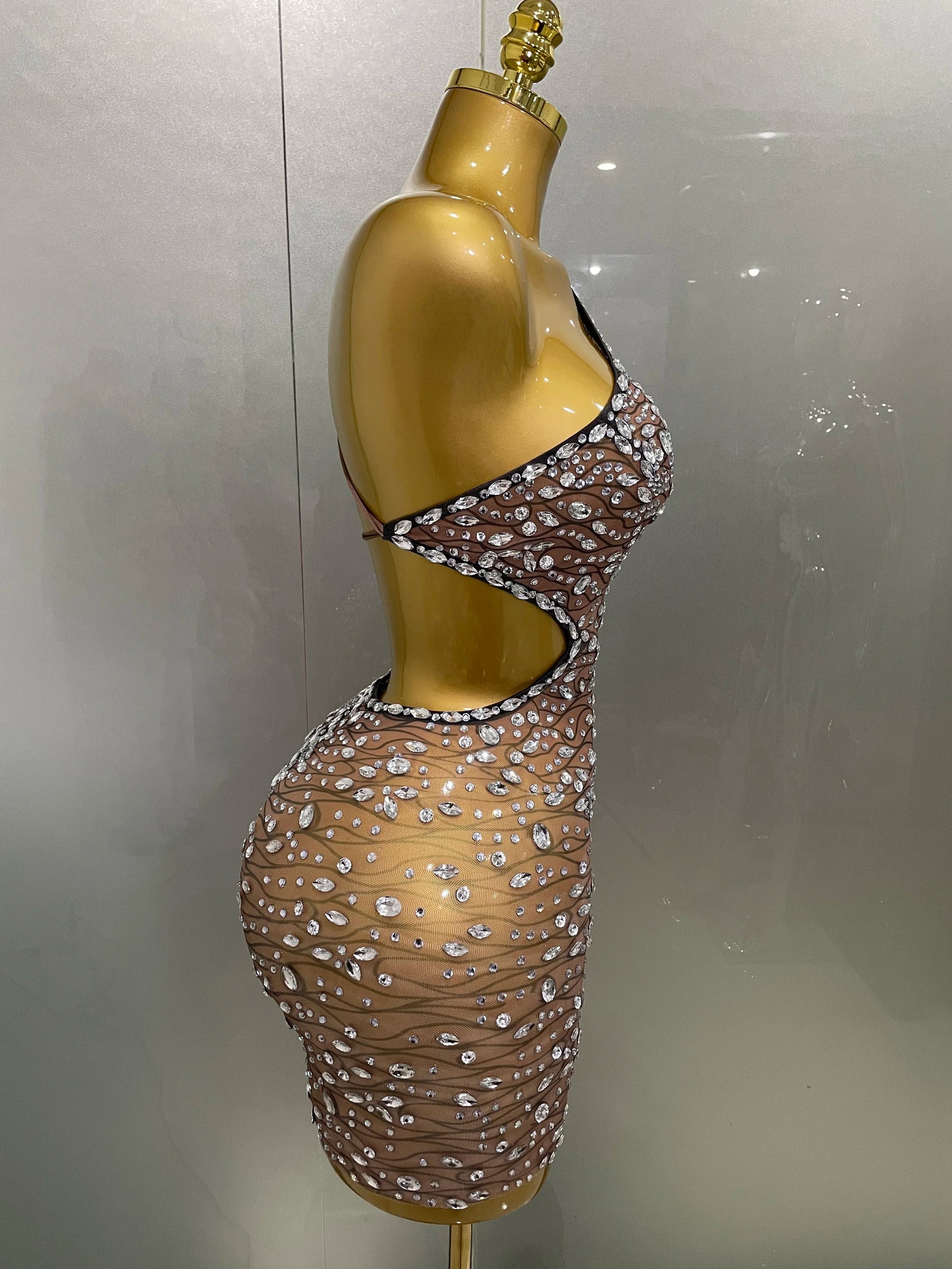 Sexy Shiny Diamond Hollow Out Backless Short Dress Women Evening Celebrate Prom Birthday Party Nightclub Stage Costume