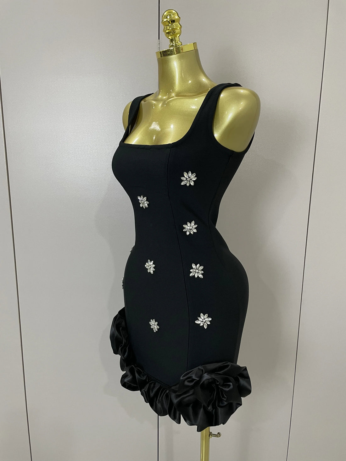 STyle Shining Crystal Women Sleeveless Bodycon Mini Bandage Dress Elegant Ruffles Cute Birthday Party Celebrate Dress black