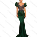 Deep Green Satin V-neck Prom Dresses Mermaid Appliques Puff Short Sleeves Ruffles Robes De Soirée Christmas Evening Dresses