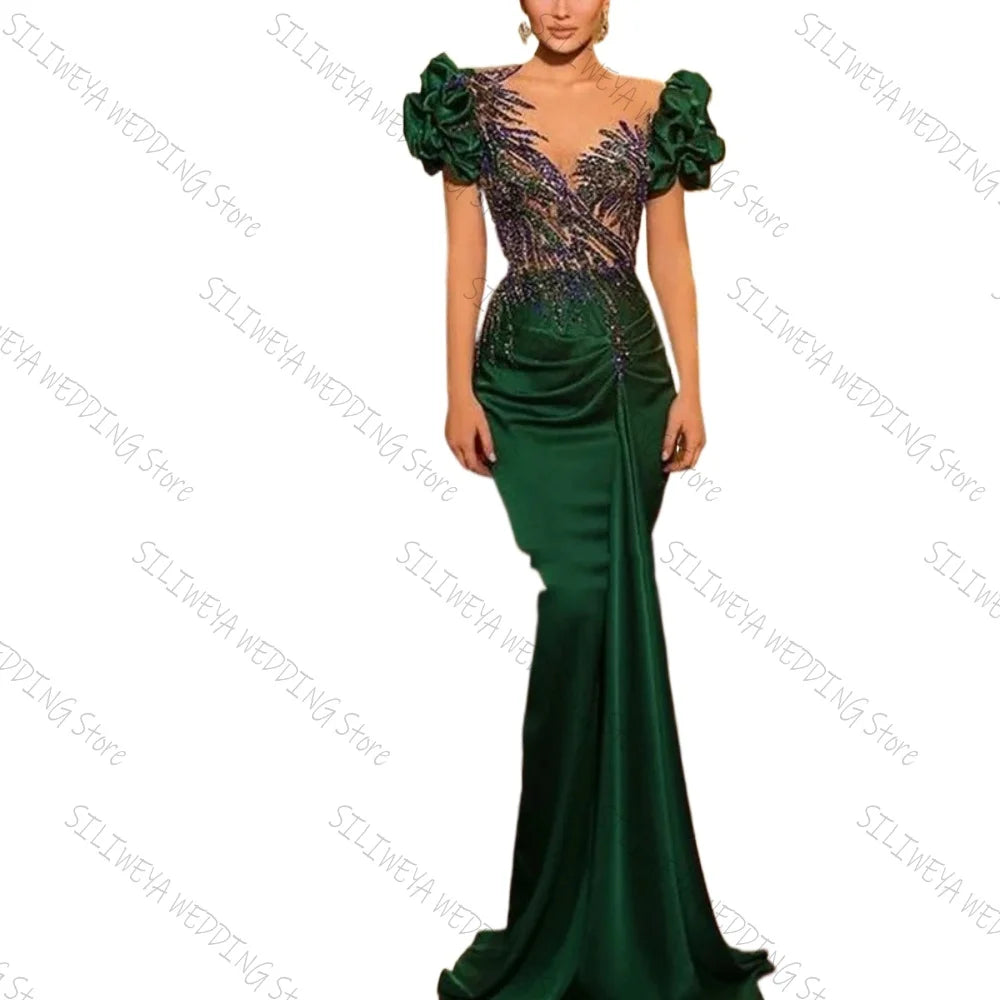 Deep Green Satin V-neck Prom Dresses Mermaid Appliques Puff Short Sleeves Ruffles Robes De Soirée Christmas Evening Dresses