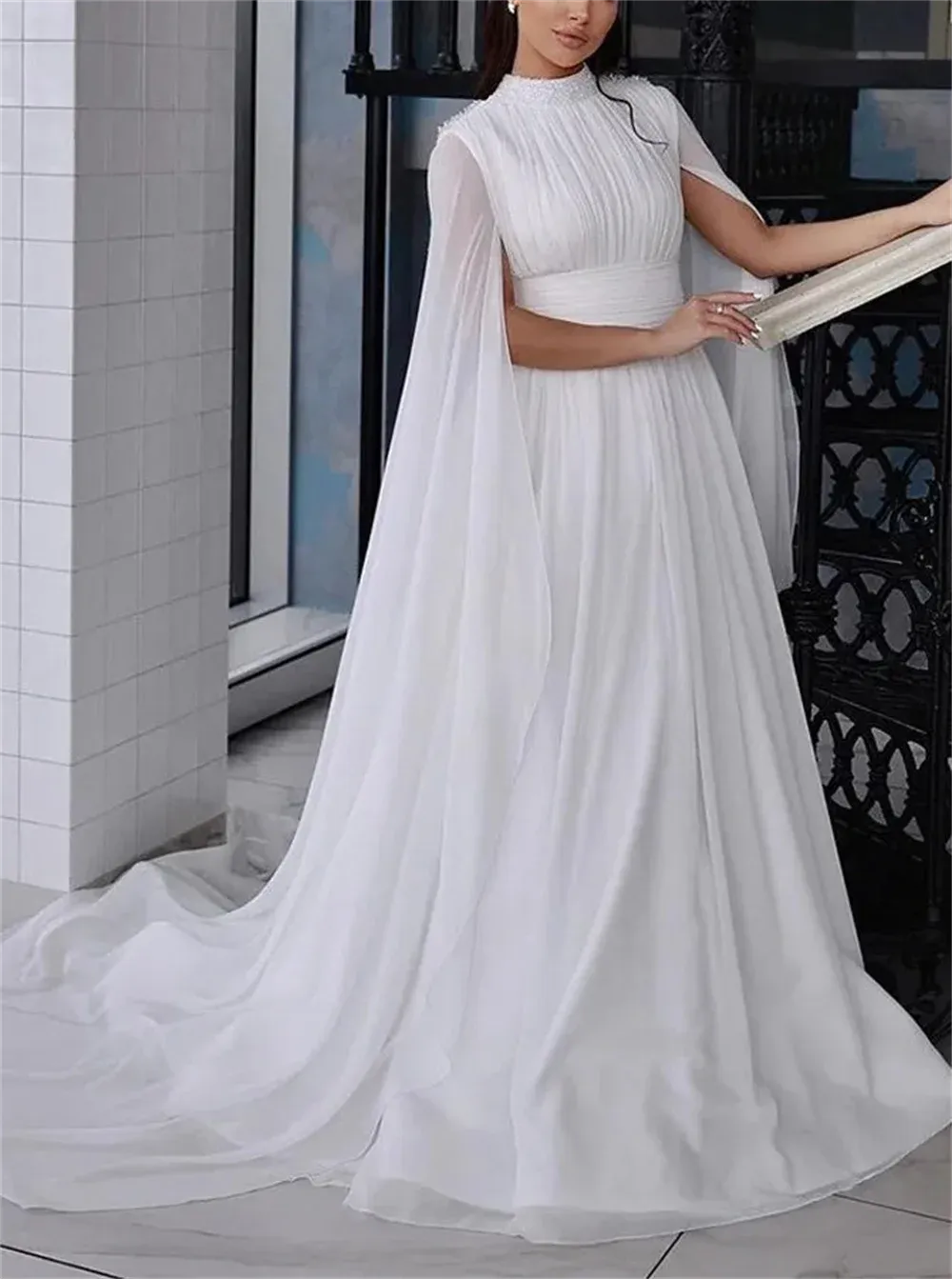 Muslim Wedding Dress | Muslim White Prom Dresses Chiffon A-line فساتين السهرة Complimentary Belt Undetachable Shawl Pleats vestidos de fiesta as pic