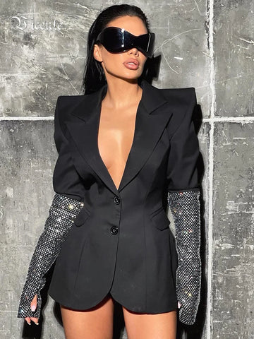 Black V Neck Long Sleeves Blazer With Rhinestones Embellished Cuff Crystals Patchwork Slim Jacket Single Breasted Coat