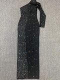 Sexy Women's Light Luxury Pearl Design Bandage Dress with Diagonal Collar One Shoulder Long Sleeve Bodycon Christmas Dress black