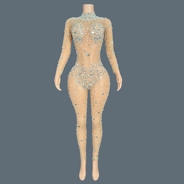 Women Mesh Geometric Sequins Long Sleeved Stretch Tight Jumpsuit Bar Nightclub DJ Female Singer Stage Performance Clothing Didi Nude