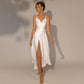 שמלת כלה קצרה פשוטה פשוטה V צוואר ספגטי רצועות צדדיות חריצות כלה חסרת גב דריס סאטן אזרחי estidos de novia בהתאמה אישית