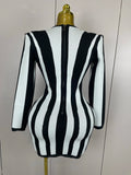 Luxury Sexy Long Sleeve Stripe Black White Mini Bandage Dress Women Knitted Celebrity Elegant Evening Club Birthday Dresses