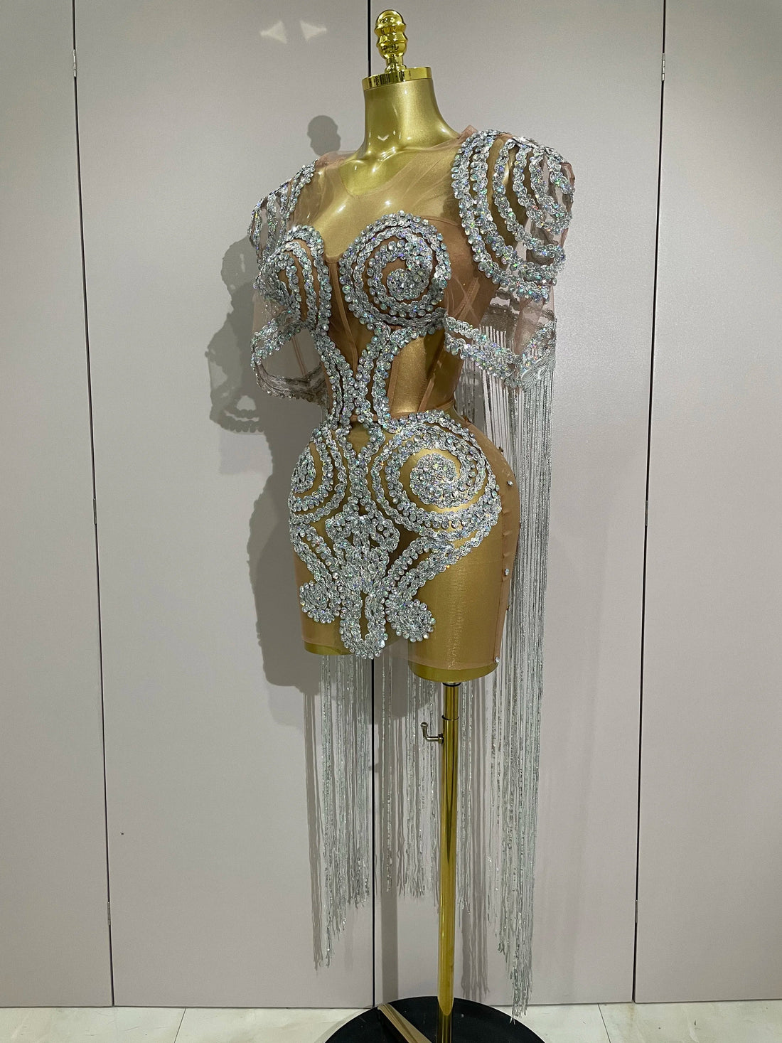 Sparkly Rhinestones Sequins Sexy Mesh Tassels Cape Short Dress Women Evening Birthday Party Nightclub Stage Costume Silver