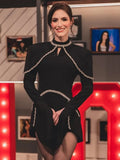 Elegant Black Long Sleeved Bodycon Mini Dress with Crystal Adorned Seams for a Special Event Gown