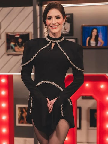 Elegant Black Long Sleeved Bodycon Mini Dress with Crystal Adorned Seams for a Special Event Gown