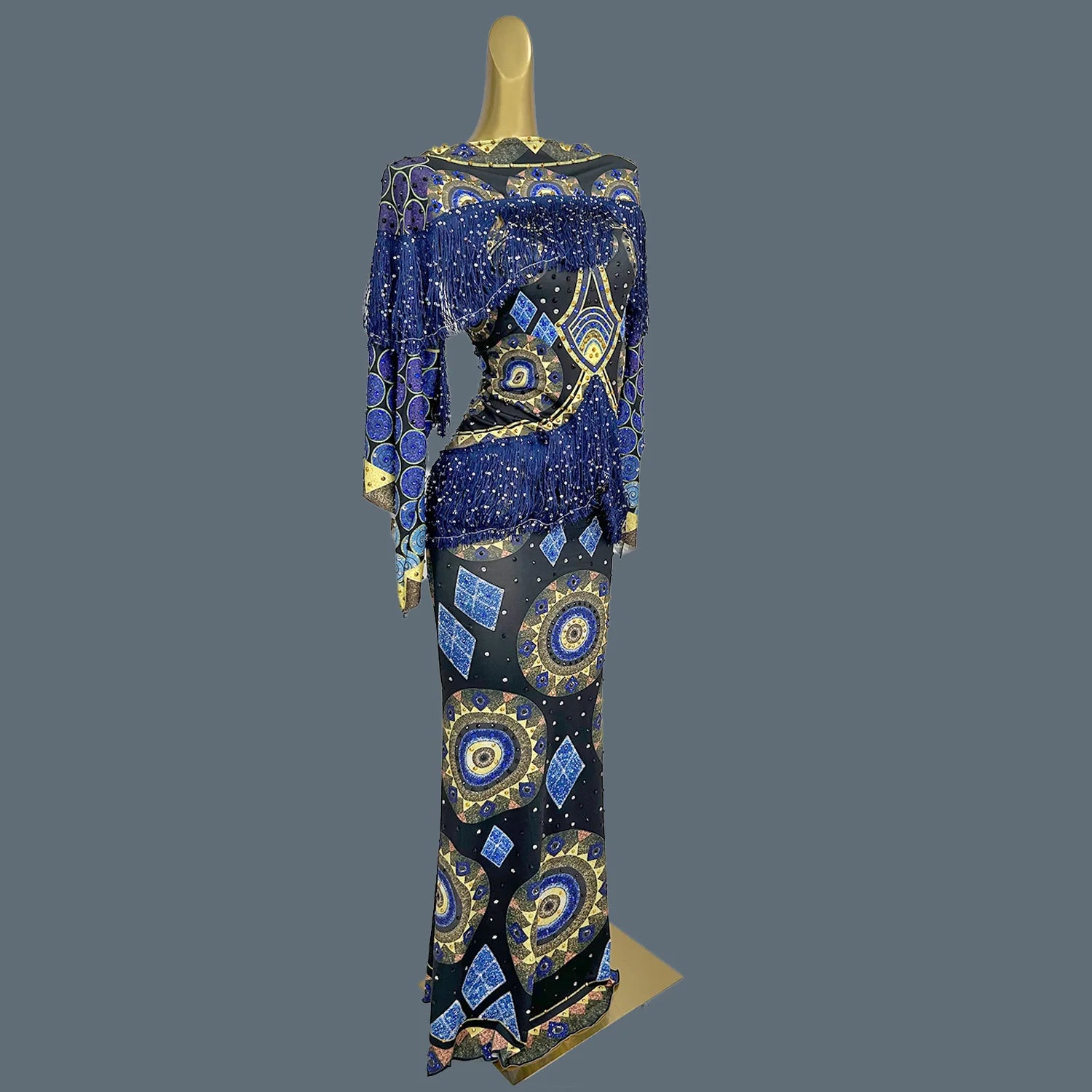 Spandex Bodycon Evening Gown Printing Tassel Long Dress Birthday Celebrate Party Queen Outfit Festival Event Couture Chengbao