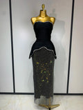 Black Design Sleeveless Rhinestone Top + Hot diamond Skirt Suit Evening Party Dress Nightclub Luxury Birthday Gown black