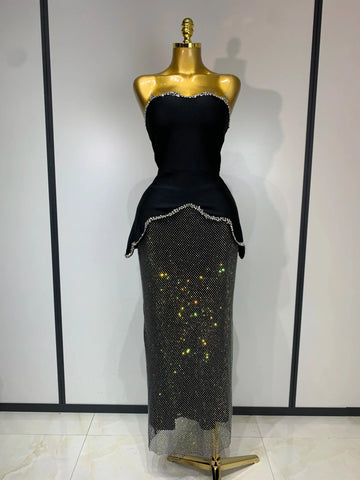 Black Design Sleeveless Rhinestone Top + Hot diamond Skirt Suit Evening Party Dress Nightclub Luxury Birthday Gown black