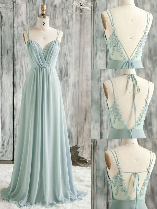 Green Chiffon Prom Dresses Long Pleats Spaghetti Strap Sweetheart A Line Backelss Lace Applique Formal Party Evening Gowns