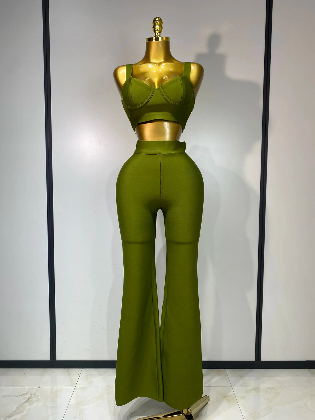 Women Sexy Bandage Crop Top Pant Set Evening Party Club Luxury Birthday High Street Fashion Elegant Luxury Birthday Outfit ﻿ army green