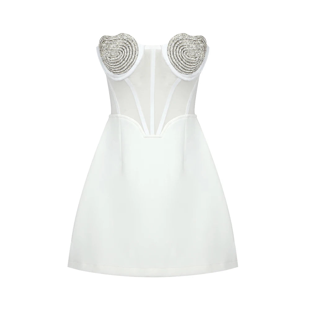 Elegant And Pretty Women'S Dresses For Wedding Sweet Heart Shape Crystal Design Strapless A-Line Mini Dress Summer WHITE