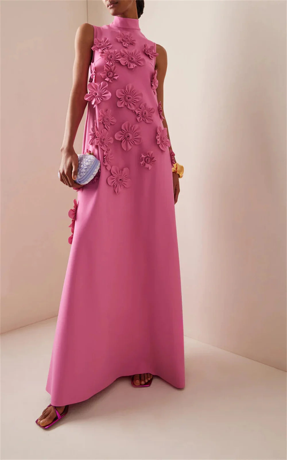 Pink 3D Flower Lace Appliques Prom Dresses Sheath Satin vestidos par boda Elegant Sleeveless Floor-Length Wedding Dress