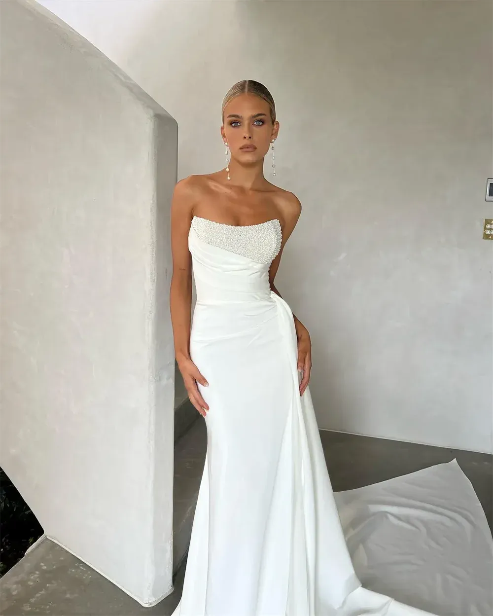 Ivory White Prom Dresses Off Shoulder Evening Dress Elegant Sleeveless Long Train Side Split Wedding vestidos de fiesta as pic