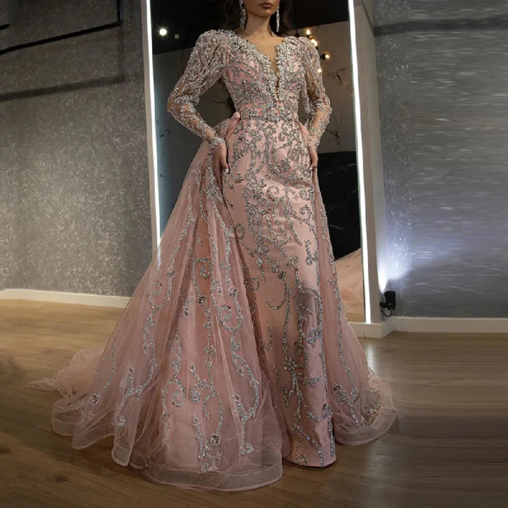 Elegant Champagne Feather Long Sleeve Evening Gown Luxury Dubai Beaded Muslim Women Wedding Fashion Sequin Dress