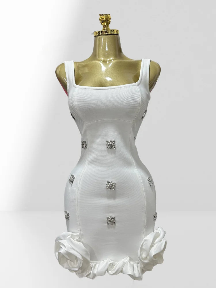 Summer Shining Diamonds Sleeveless Sexy Bodycon Mini Bandage Dress Ruffles Celebrate Evening Party Birthday Outfit Vestido WHITE