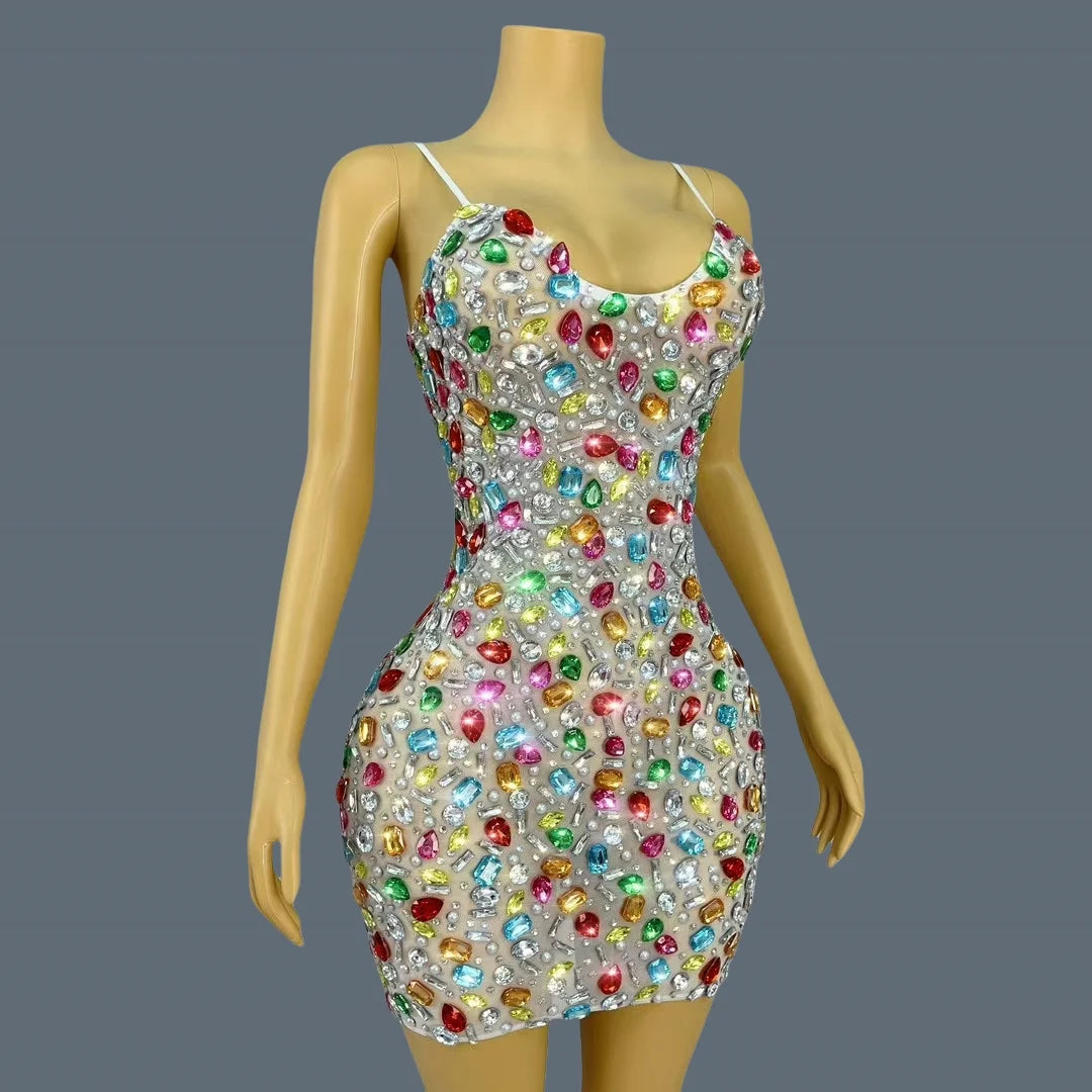Multicolour Sparkly Rhinestone Sexy Strap Dress Women Nightclub Prom Skinny Dress Birthday Celebrate Prom Mini Dress Caixing
