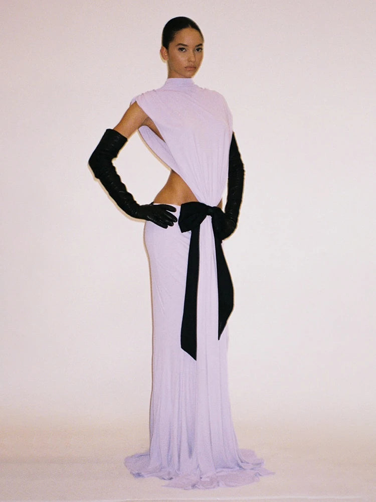 Stylish Chic White Halter Sleeveless Backless Cutout with Bow Detail Maxi Dress Evening Gown