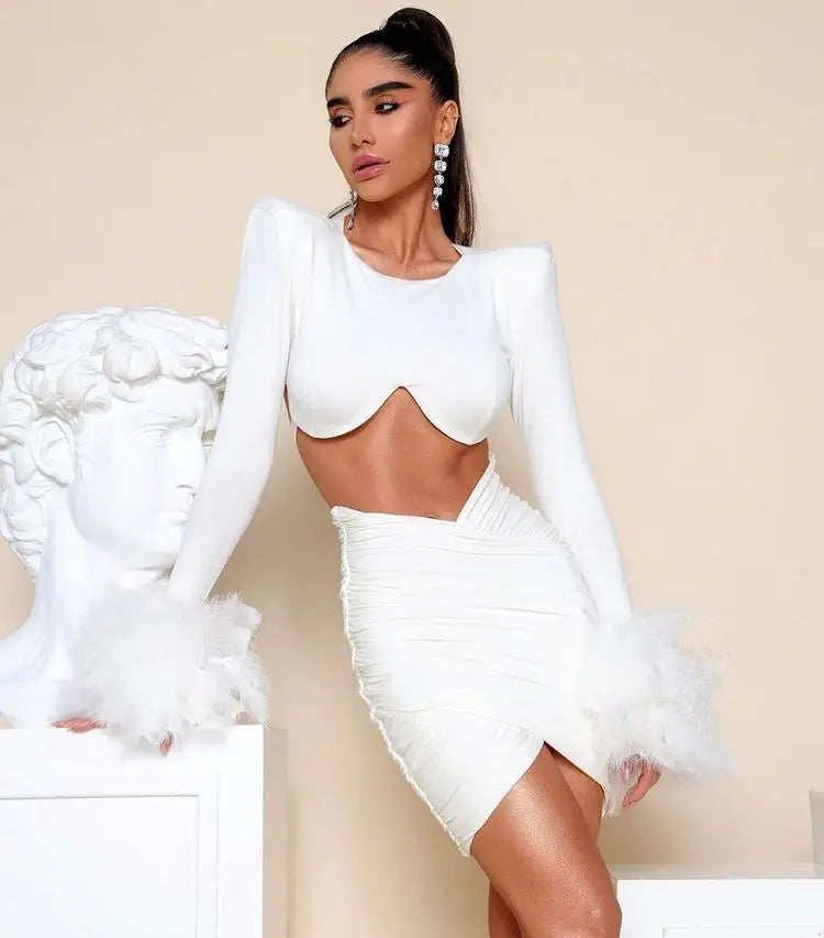 Fashion Pad Shoulder Feathers Cuff Short Corp Top And Mini Skirt 2 Piece Set Birthday Party Vestido Club Party Outfit