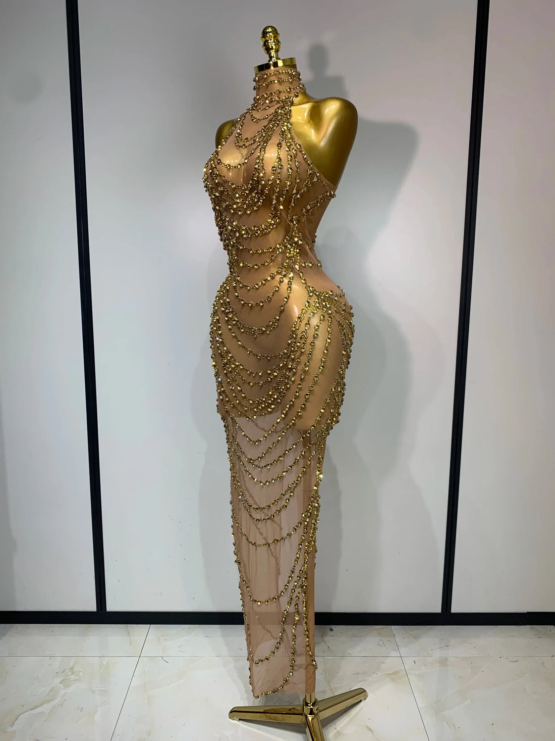 Sparkly Rhinestone Sexy Transparent Mesh Long Dress Women Luxury Birthday Club Party Gown Stage Singer Performance Costume